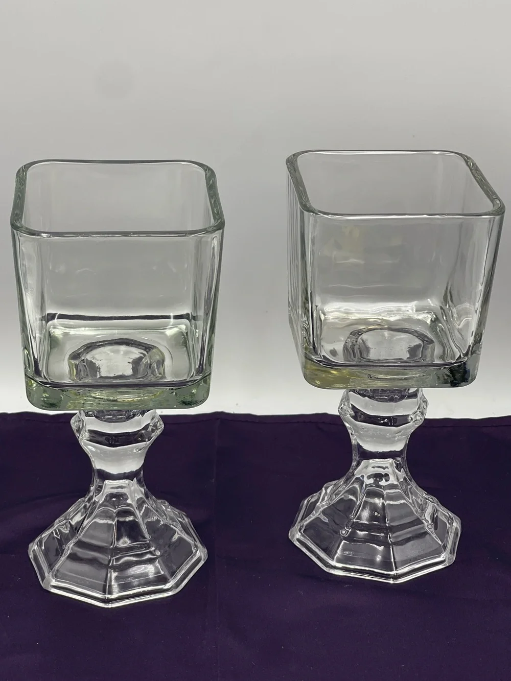 Vintage Pressed Glass Candle Holders Square Top Hexagonal Stem Pedestal Set of 2